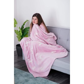FiNeWaY Glow in The Dark Throw Blanket Flannel Moon Star Unicorn Gifts for Kids Girls Boys Adults Bedroom Cosy Warm Super Soft Plush Fleece Faux Fur (Unicorn Pink)