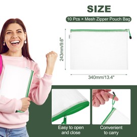 M&G Mesh Zipper Pouch Bag 13.4"x9.6", 10pcs Waterproof File Bag A4 Letter Size Document Organizing Storage for Office Supply Puzzle Cosmetic Travel, Green