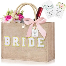 Bride Tote Bag Wedding Jute Bride Tote Bag with Ribbon Tag Chenille Patches Bride Bag Bride to Be Gifts for Wedding, Honeymoon, Bridal Shower, Bachelorette Party