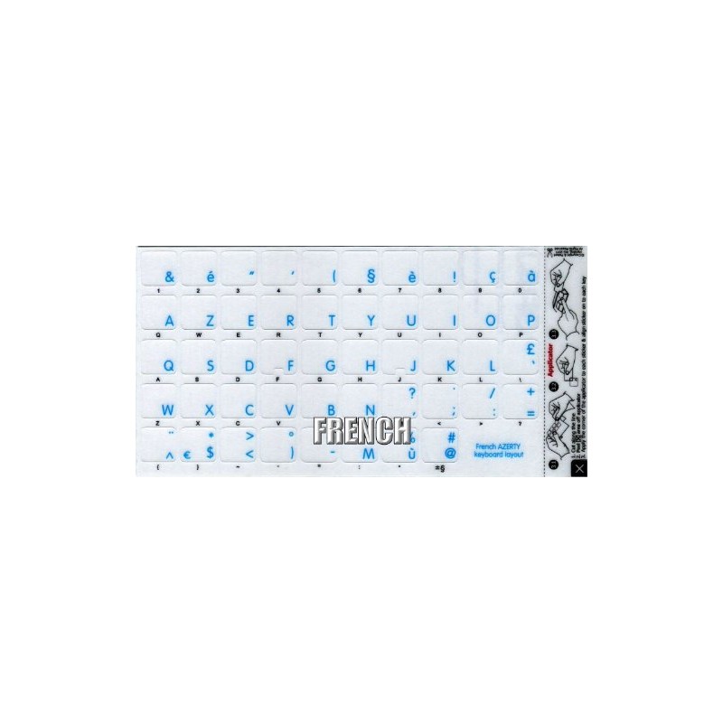 French AZERTY Keyboard Sticker with Blue Lettering ON Transparent Background