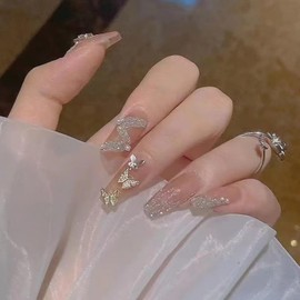 Nail Tip, Long, 24 Pieces, Nail Tip, Glitter Stone, Cute Butterfly, 3D Butterfly, Weddings, Entrance Ceremonies, Popular, Japanese, Brides, Stylish, Advanced, Elegant, Nail Wrap (G)