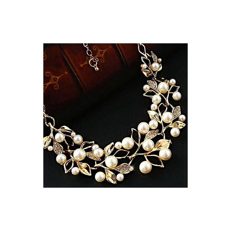 Tytrading Necklace and Earrings Set, Accessories, Gold, Pearl Leaf Design,