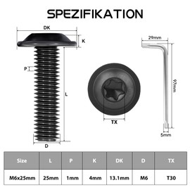 Pack of 20 M6 x 25 Screws, Pan Head Screws, Torx Screws, Flat Head Screws with Washer, Stainless Steel A2 V2A Full Thread, Flange Screw with Torx Key (M6 x 25)
