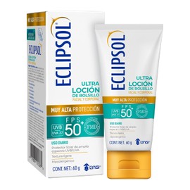 Eclipsol Ultra Loción Protector Solar Facial y Corporal FPS50+, Hipoalergénico, Textura Ultraligera y Resistente al Agua, Uso Diario, 60 g
