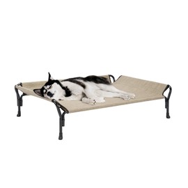 Veehoo Cooling Elevated Dog Bed, Dog Cots for Large Dogs, Raised Dog Bed with Guardrail & Slope Headrest, Durable & Breathable Teslin Mesh, Dog Sofa Bed for Indoor & Outdoor, Large, Beige Coffee