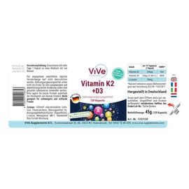 Vitamin K2 200 mcg Menaquinon MK7 + D3 10,000 IU Depot - 120 Capsules, High Dose, Only One Capsule Every 10 Days, Quality from Germany ViVe Supplements