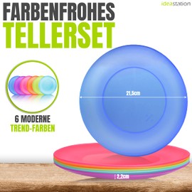 idea-station Neo Reusable Plastic Plates 6 x 21.5 cm – Colourful – Shatterproof Plate Set, Perfect as Baby Plates and Children's Plates – Ideal for on the Go as Camping Plate Set