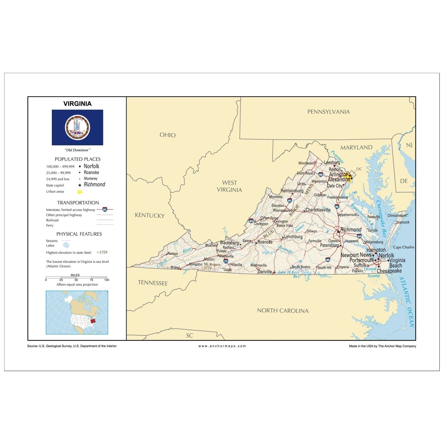 13x19 Virginia General Reference Wall Map - Anchor Maps USA ...