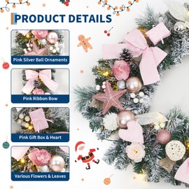 GarveeHome Christmas Garland with Lights, Holiday Accent Door Garland with Pink Bows & Colorful Balls, Pine Cones & Pine Needles, Christmas Decorations for Indoor Outdoor Gatherings Parties