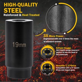 For Honda 19mm Heavy-Duty Harmonic Balancer Socket 77080 | 3X Torque Impact Tool for Compact Engines, 89mm OAL 1/2" Drive, 6-Point Alloy Steel Crank Bolt Remover
