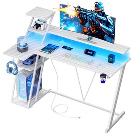 Korfile 47 Inch White Gaming Desk with LED Lights & Power Outlet, L Shaped Gaming Table with Storage Shelves, Gamer Workstations with Monitor Stand for Bedroom