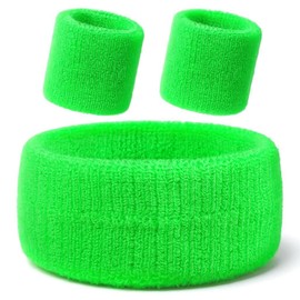 Neon Headband, 3 Pcs Elastic Sweatbands Cotton Arm Sweat Bands Wristband Soccer Headband Green Accessories 80s Accessories for Men Women Kids Workout Party Gym Running Sports Tennis (Green)