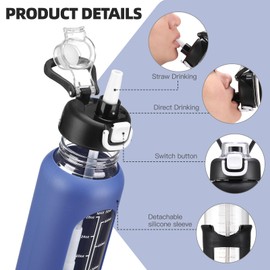 chunmo 32 oz Glass Water Bolttles with Straw Large Motivational Water Bottle with Time Marker Sports Water Bottles with Silicone Sleeve and Handle Lid Water Jug for Gym Workout