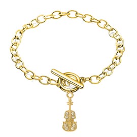 Sportybella Cello Charm Toggle Bracelet – Gold Stainless Steel Chain Jazz Bracelet for Women – Gift Jewelry with Cello Pendant – Toggle Clasp – Music Lover Accessory