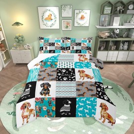 Cute Dachshund Comforter Set for Kids Boys Girls,Lovely Puppy Pet Bedding Queen Size,Kawaii Dog Paw Quilt for Dog Lover,Farmhouse Flower Animal Duvet Insert with 2 Pillowcases Home Room Decor