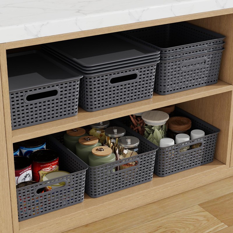 Taysisiter 13 Quart Plastic Storage Baskets with Lid, Weave Organizing