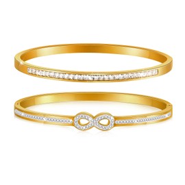 VNOX Women's Bracelet Gold Women's Tennis Bracelet 17 cm 2 Pieces Women's Bracelets Zirconia 4 mm Wide Stainless Steel Jewellery Gift for Girls Mum Friend Daughter