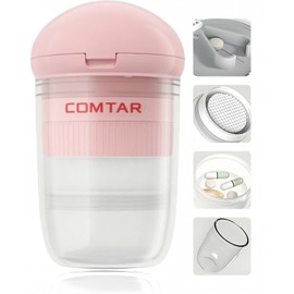COMTAR COMTAR 4-in-1 Pill Cutter with Crusher, Storage & Cups - Precise Cutting for 0.85in Pills, Stainless Steel Blade, Ergonomic Design (Pink)