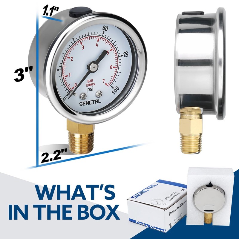 SENCTRL 100 Psi Lead-Free Pressure Gauge, 2" Dial, 1/4 NPT
