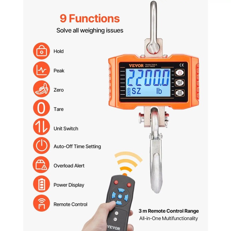 Industrial Heavy Duty 2200 Lbs/1000 kg Digital Crane Scale with