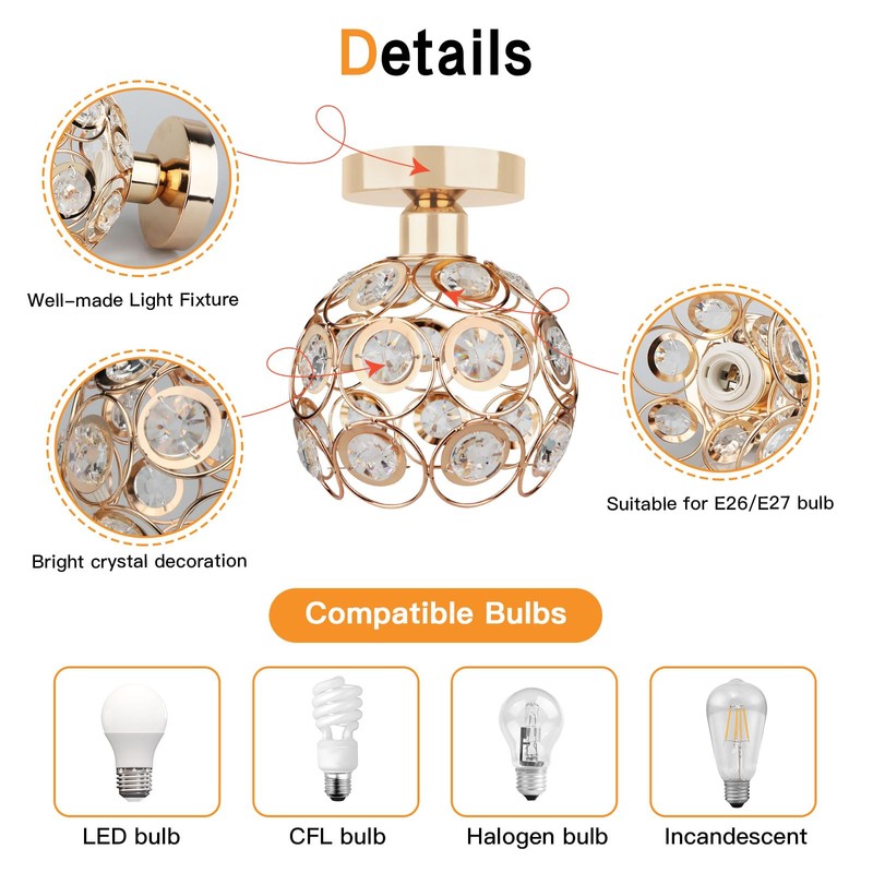Zevnico Gold Mini Chandelier Light Fixture, Crystal Ceiling Light, Semi