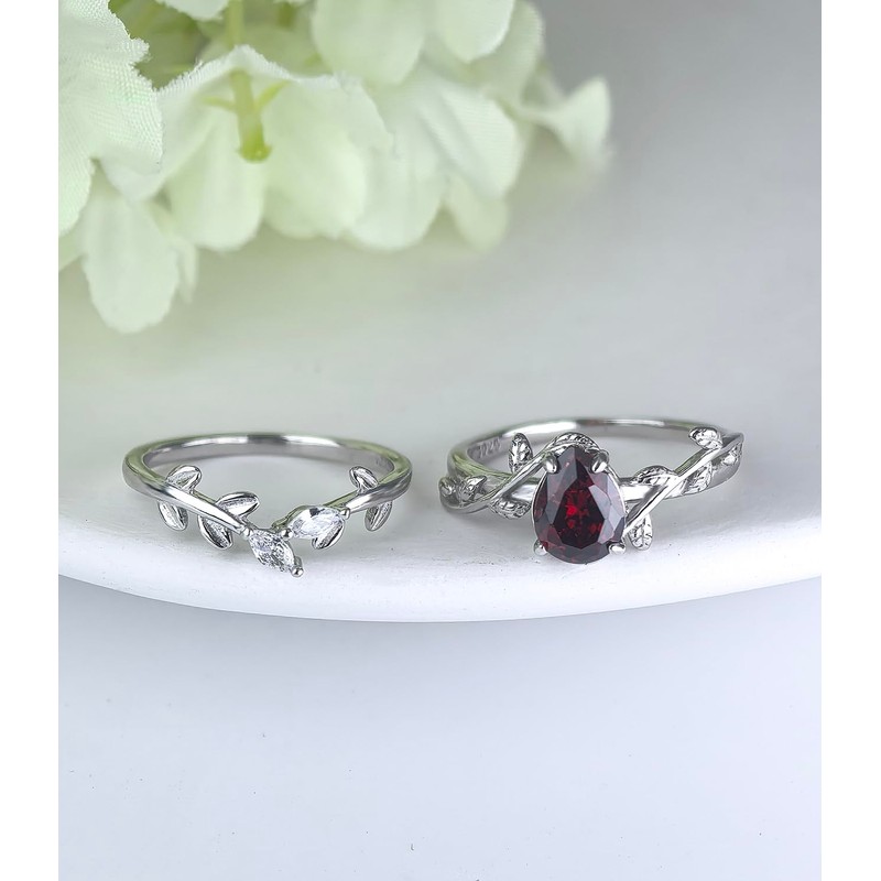 Wasee January Birthstone Ring Set 925 Sterling Silver Garnet Ring