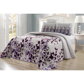 Grand Linen 3-Piece Fine Printed Oversize (115" X 95") Fresca Quilt Set Reversible Bedspread Coverlet King Size Bed Cover (Purple, Grey, Vine)
