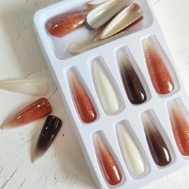 Ombre Press on Nails Stiletto Fake Nails Glossy Glue on Nails Brown Full Cover False Nails Artificial Nails Long Almond Nails Reusable Stick on Nails Acrylic Nails for Women Girls 24Pcs