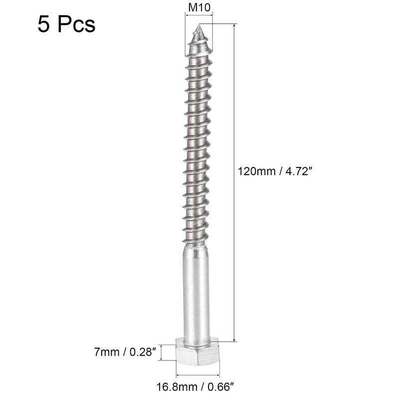 sourcing map Hex Lag Screws, M10 x 120mm 304 Stainless
