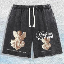 US Local Warehouse Direct | 100% Cotton Washed Shorts, Angel & Text Print, 4 Colors OptionalColor: Brown, Size: L