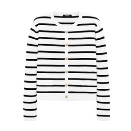 BTFBM Women's Cardigans Sweater 2024 Fall Striped Long Sleeve Button Down Crop Open Front Knit Outerwear Deco Pockets(Striped White Black, Large)