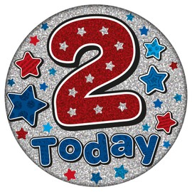 Age 2 Birthday Badge Blue, Red And Silver Holographic Recyclable 2nd Birthday Party Badge