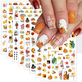 8 Sheets Thanksgiving Nail Decals 3D Self-Adhesive Autumn Pumpkins Nail Art Stickers Thanksgiving Maple Leaves Turkey Nail Art Decals Fall Maple Leaf Nail Stickers for Women Girls Nail Design Supply