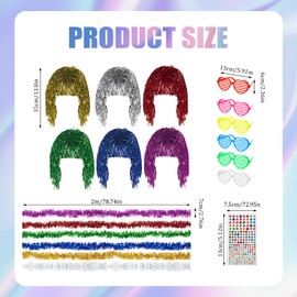 6PCS Party Wigs Made of Tinsel, with 6 Neon Glasses, 1 Diamond Sticker, 6 Strips of Feather Boas, Creating A Festive Atmosphere, for Neon Parties, Masquerade Balls or Role-Playing Activities