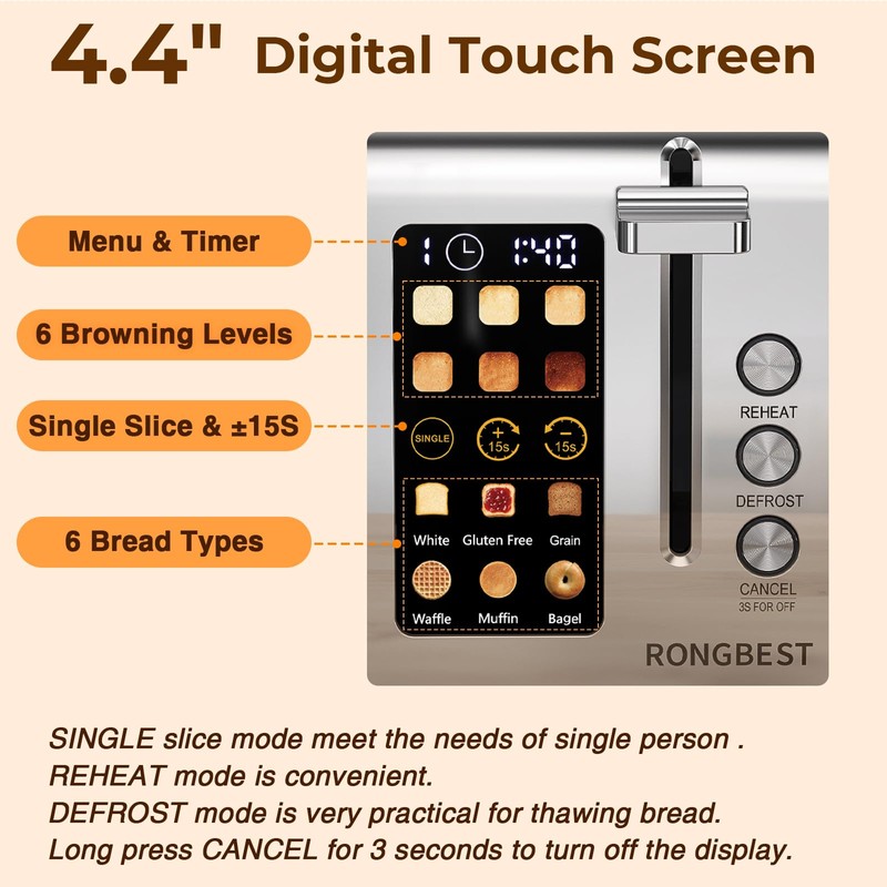 2 Slice Touch Screen Toaster with Wide Slots Stainless Steel