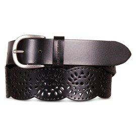 Lucky Brand Women's Tapered Perforated Leather Belt with Harness Buckle, Black, X-Large