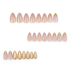 24Pcs Gold French Tip Press on Nails Short Almond Fake Nails Golden Foil Glitter Design Full Cover Glue on Nails Reusable Artificial Nails Nude False Nails for Women Girls Acrylic Nail Decorations