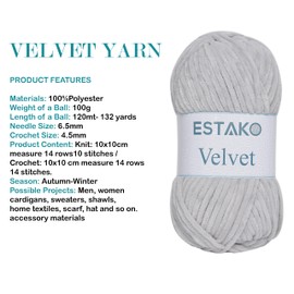 Estako Velvet (3- Skeins Pack) Chenille Blanket amigurumi Yarn for Crocheting and Knitting Super Bulky 3x100 gr (3x132 yds) (1120 - Light Grey)