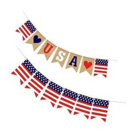 ABOOFAN Burlap Banner USA Patriotic Bunting Independence Day Banner Love Theme Bunting Party Pull Flag for Birthday Decorations