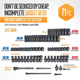 TIGHTSPOT 3/8" Drive 71pc Impact Socket Master Set Inch Metric 1/4"-3/4" 6-19mm CR-V CR-MO Universal Joint Deep Standard Sockets 90-Tooth Ratchet Extensions Heavy Duty Mechanic Tool Kit