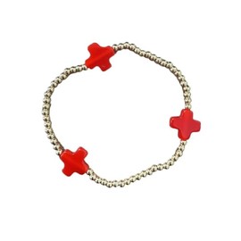 Azusa Sun Colorful Cross Charm Bracelets for Women Men Adjustable Gold Plated Beaded Bracelet Boho Bead Ball Stretch Bracelet Birthday Summer Beach Jewelry - Red