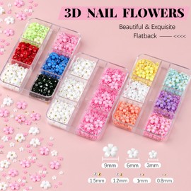 3D Flowers, Manicure Kit with Gel Glue, Colorful Acrylic Flower Nail Charms & Caviar Beads, Rhinestones & Gem Glue for Nails (UV/LED Needed) with Dotting & Pickup Tools