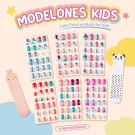 Modelones 144Pcs 6 Pack Press on Nails for Kids Children Acrylic Fake Nails Pre-glue Full Cover Glitter Gradient Color Mermaid Beach Short False Nail Art Kits Sets Valentines Day Gifts for Kids Girls