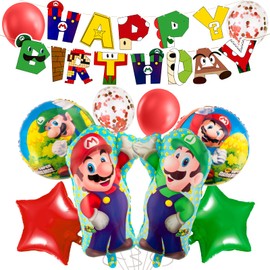 CHUKUA Birthday Party Decorations Boys Girls- Super Balloons Bros Foil Balloons Happy Birthday Banner for Kids Birthday Theme Party Supplies Decoration