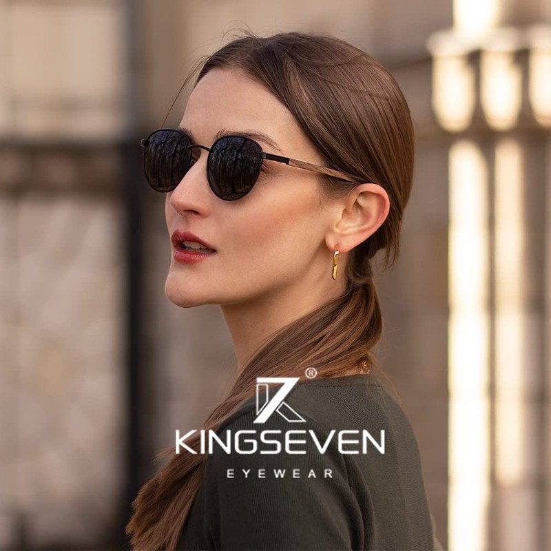 KINGSEVEN Walnut Wood Round Sunglasses Men Women Polarised Mirrored Stylish