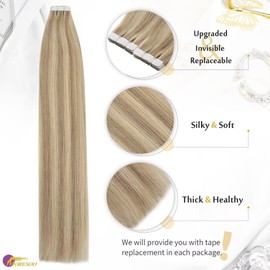 Moresoo Tape-In Extensions, Real Hair, Blonde, 60 cm, Remy Real Hair Extensions Tape, Golden Blonde with Medium Blonde, Invisible Extensions, Real Hair Tape #P16/22, 10 Pieces, 25 g