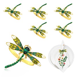 Davifina Gold Napkin Rings Set of 6,Dragonfly Napkin Rings,Green Rhinestone Napkin Ring Holders for Wedding,Rustic Napkin Buckles,Fall Farmhouse Serviette Rings for Garden Parties Dining Table Decor