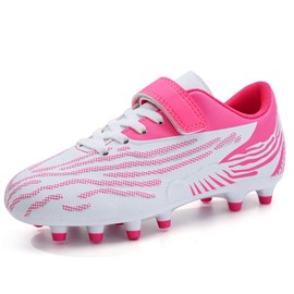 brooman Kids Firm Ground Soccer Cleats Boys Girls Athletic Football Shoes (13,White Pink)