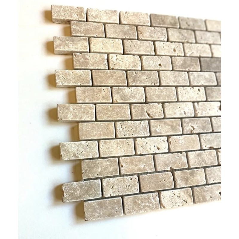 Walnut Travertine 1x2 Tumbled Natural Stone Mosaic Brick Joint on