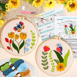 JSRQT 2 Sets Punch Needle Embroidery Starter Kit, Butterfly Bird Handcraft Needlepoint Embroidery Kit for Beginner Adult Kids, Punch Needle Rug Hooking Kit with Instruction, 2 Embroidery Hoop, Threads